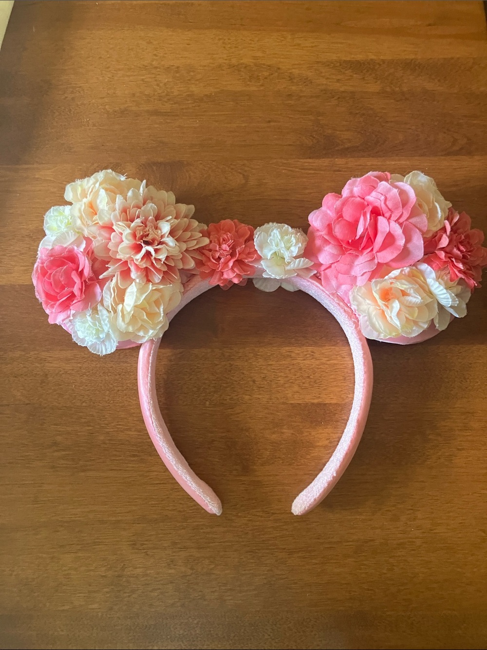 Pink and white flower floral Minnie Mickey Mouse ears headband adult teen